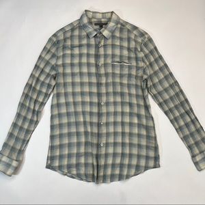 John Varvatos Men's Medium Gray & Green Check Lightweight Button-Front Shirt